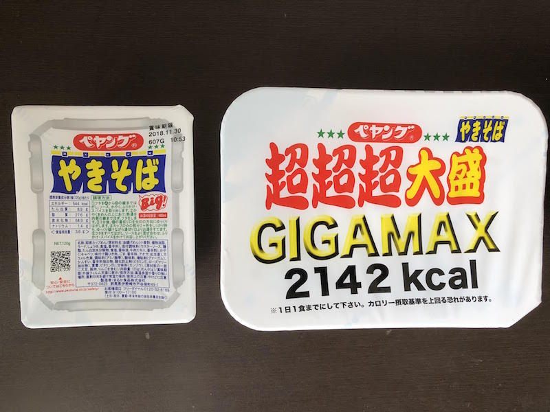 「超超超大盛GIGAMAX」尺寸驚人（左為一般大小的PEYOUNG日式炒麵）