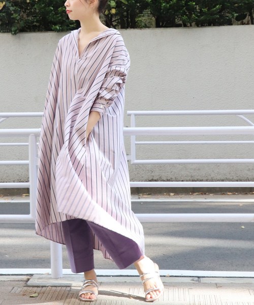 紫色調直條紋襯衫式A字線條連身裙