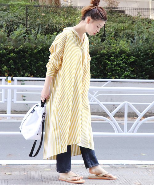 黃色調直條紋襯衫式A字線條連身裙