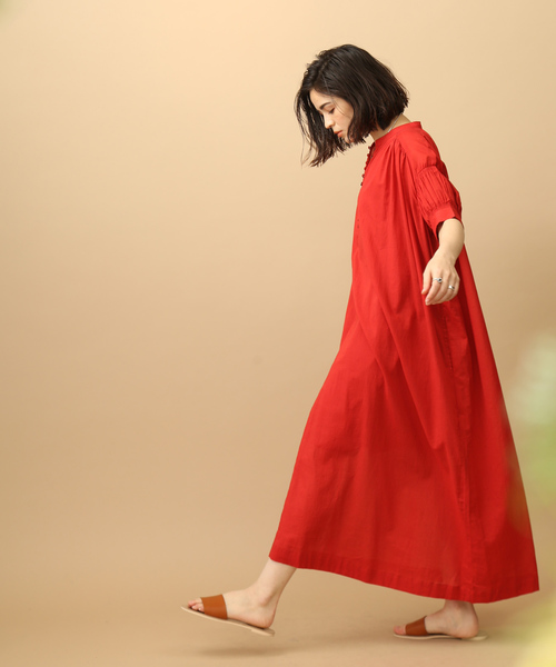 紅色民族風印度棉超長版A字線條連身裙