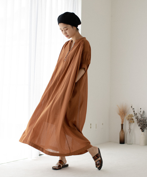 褐色民族風印度棉超長版A字線條連身裙