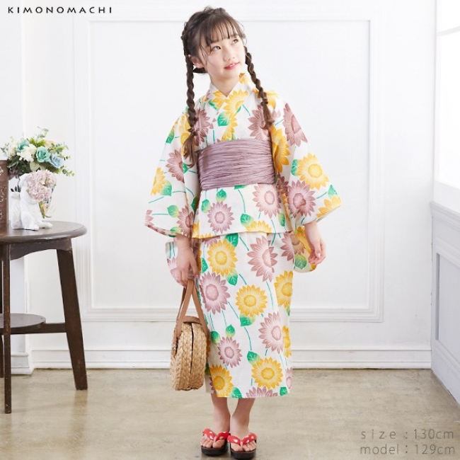KIMONOMACHI 2020兒童浴衣 黃粉向日葵浴衣穿搭