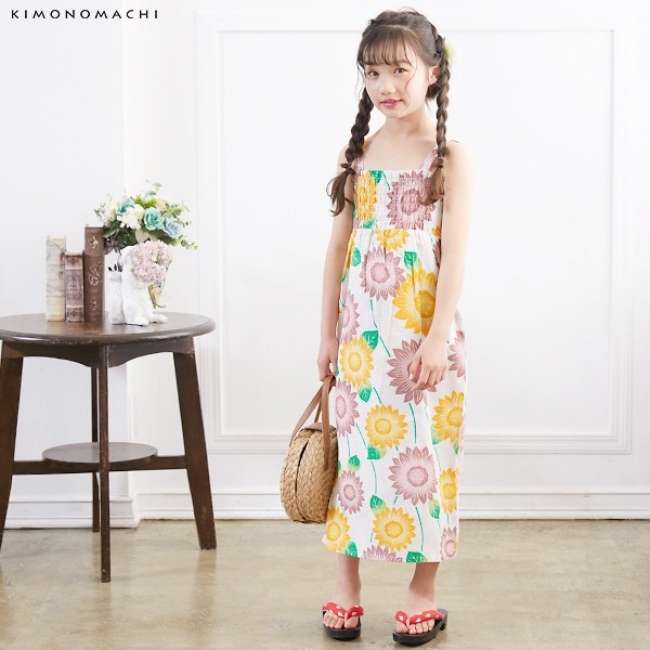KIMONOMACHI 2020兒童浴衣 黃粉向日葵洋裝穿搭