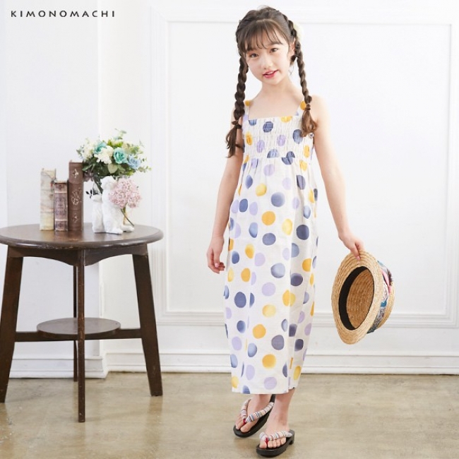 KIMONOMACHI 2020兒童浴衣 藍黃泡泡圓點洋裝穿搭