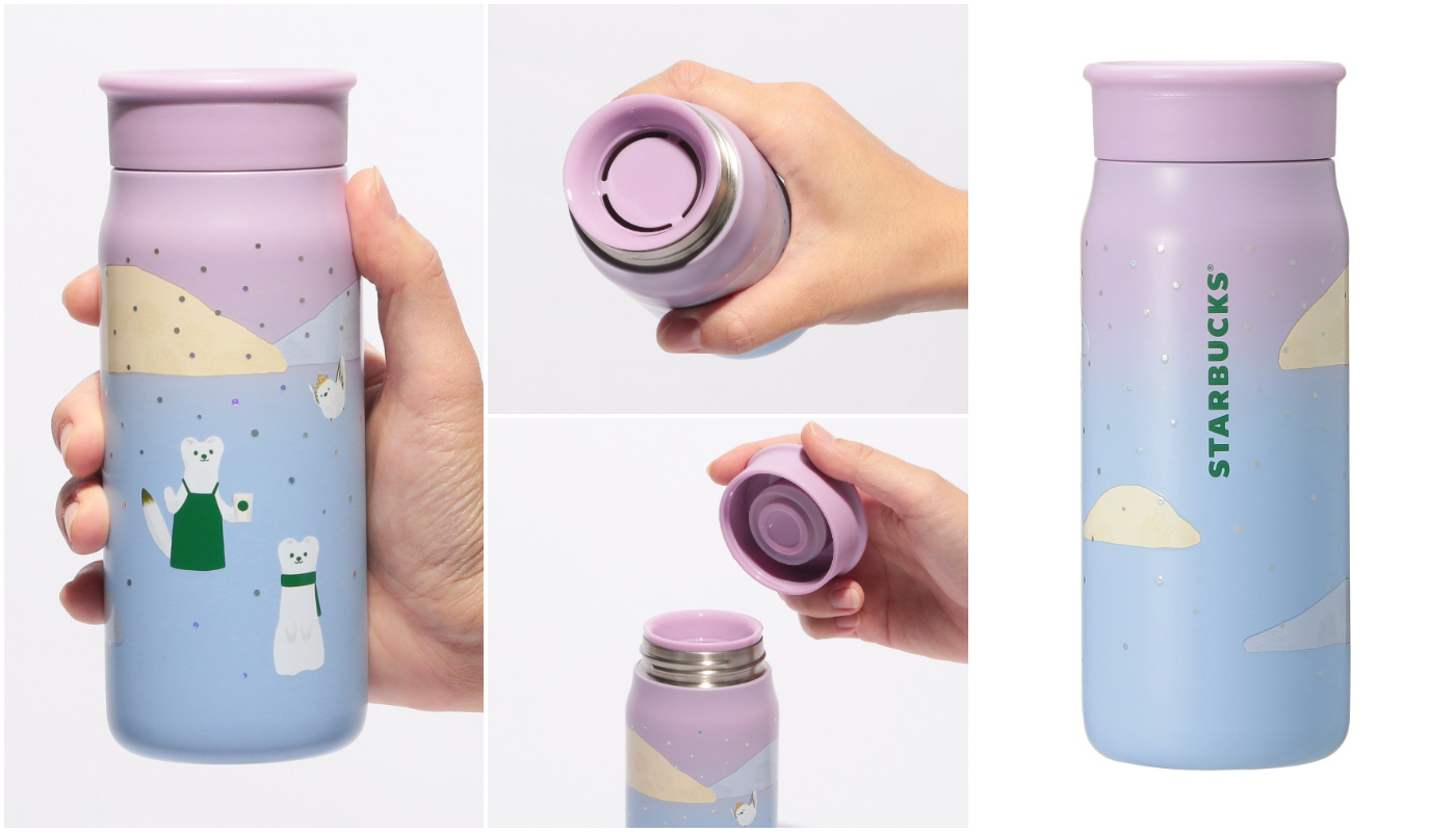 日本星巴克_STARBUCKS_SHINING WINTER_ステンレスボトルオコジョ & シマエナガピンク_不鏽鋼隨身瓶 白鼬 & 條紋長尾蛾粉色