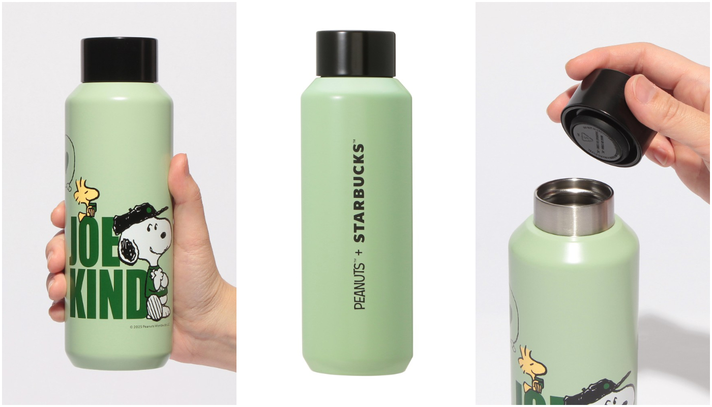 สินค้าใหม่จากการร่วมมือของสตาร์บัคส์_PEANUTS_PEANUTS ステンレスボトル グリーン_PEANUTS กระบอกน้ำสีเขียว