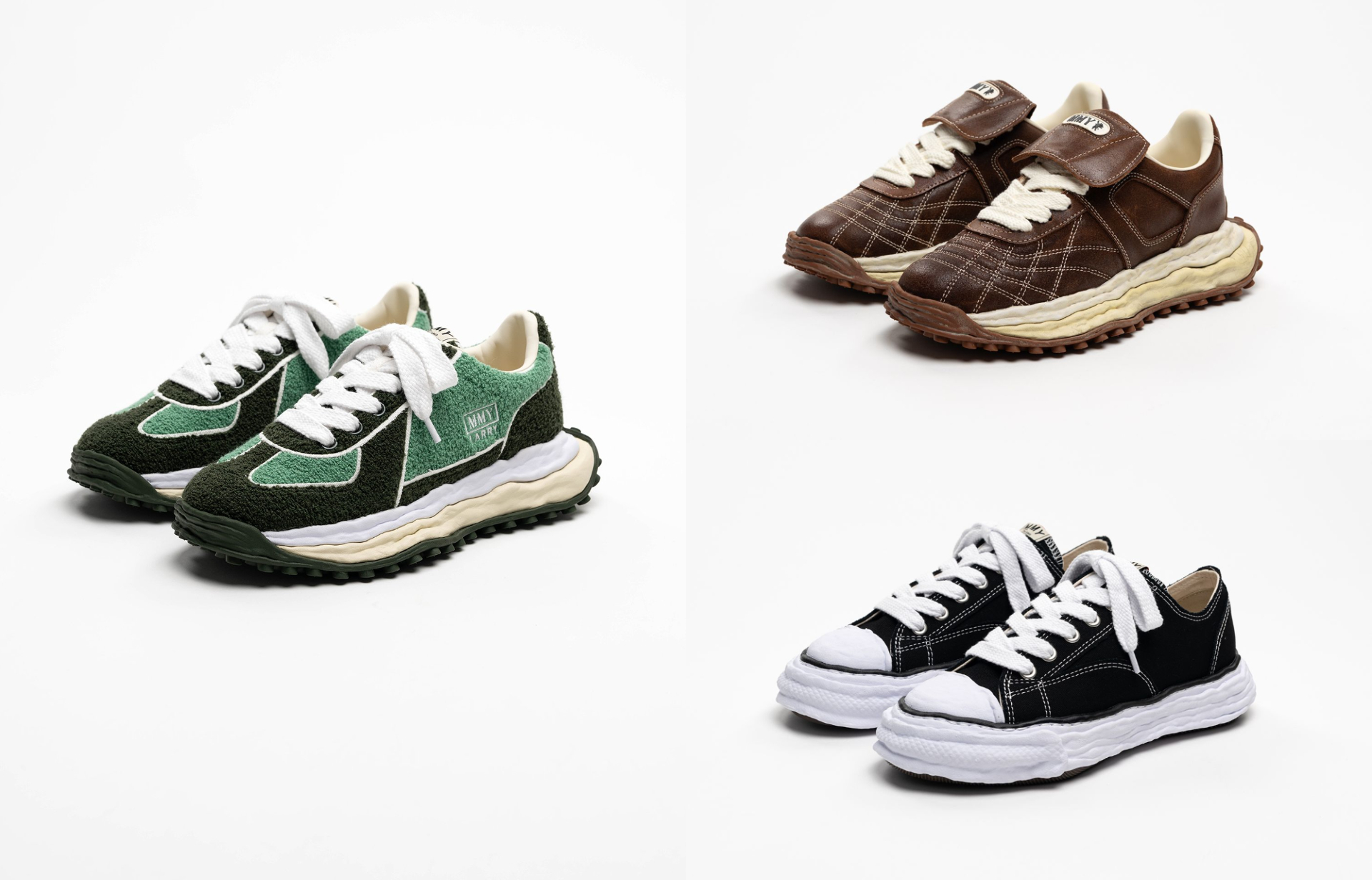 MMY 綠黑撞色運動風溶解鞋、MMY 深棕色麂皮明線運動風溶解鞋、MMY 黑色經典帆布溶解鞋。圖片：品牌提供