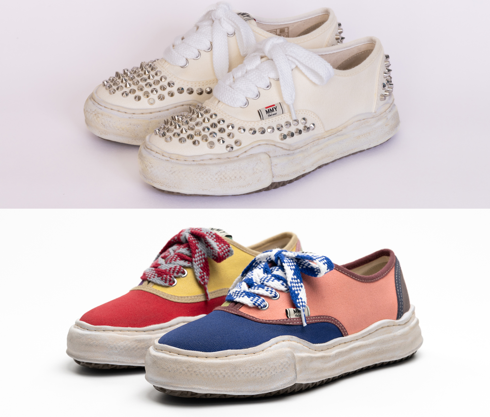 MMY 白色鉚釘溶解鞋(特別限定款)，MMY 彩色撞色拼接溶解鞋(特別限定款) 。圖片：品牌提供