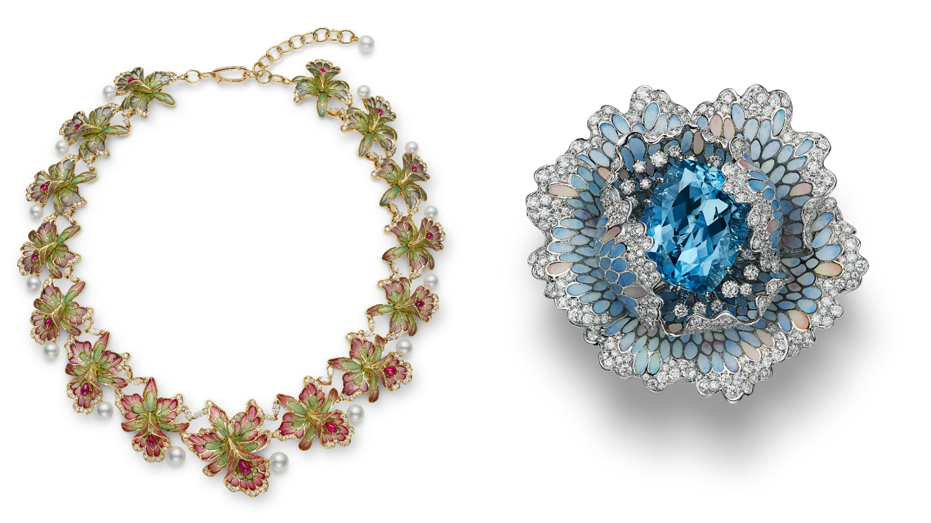 Les P&eacute;tales紅寶石珍珠項鍊、Les P&eacute;tales海水藍寶石造型胸針