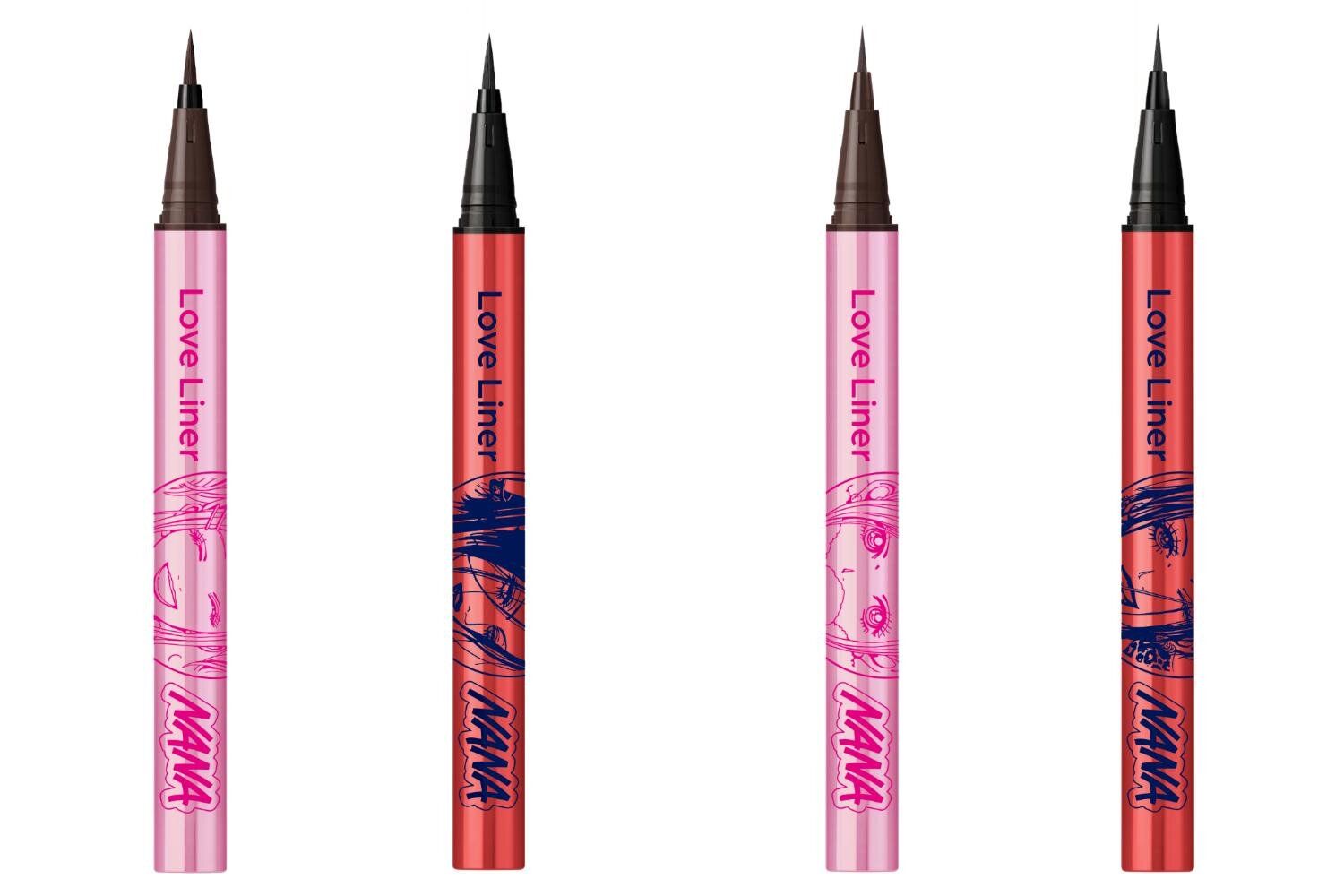 左から)「ラブ・ライナー リキッドアイライナーR5 NANAデザイン」ブラック、ダークブラウン 各1,760円＜数量限定品＞ 「ラブ・ライナー リキッドアイライナーR5 極細筆 NANAデザイン」ブラック、ダークブラウン 各1,760円＜数量限定品＞