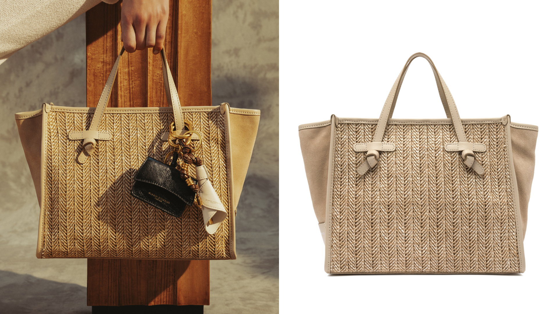 Gianni Chiarini Marcella中型草編麂皮拼接托特包