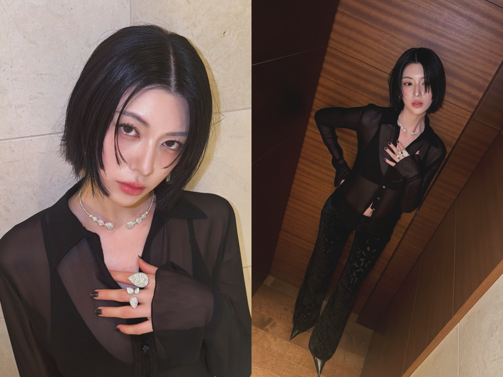 三吉彩花穿搭:黑色透膚襯衫+蕾絲長褲