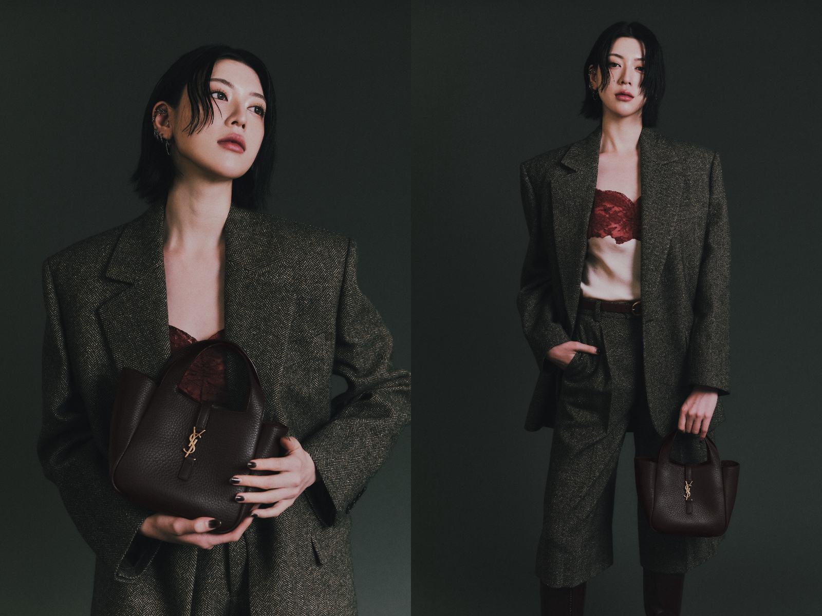 三吉彩花穿搭:復古西裝+酒紅蕾絲