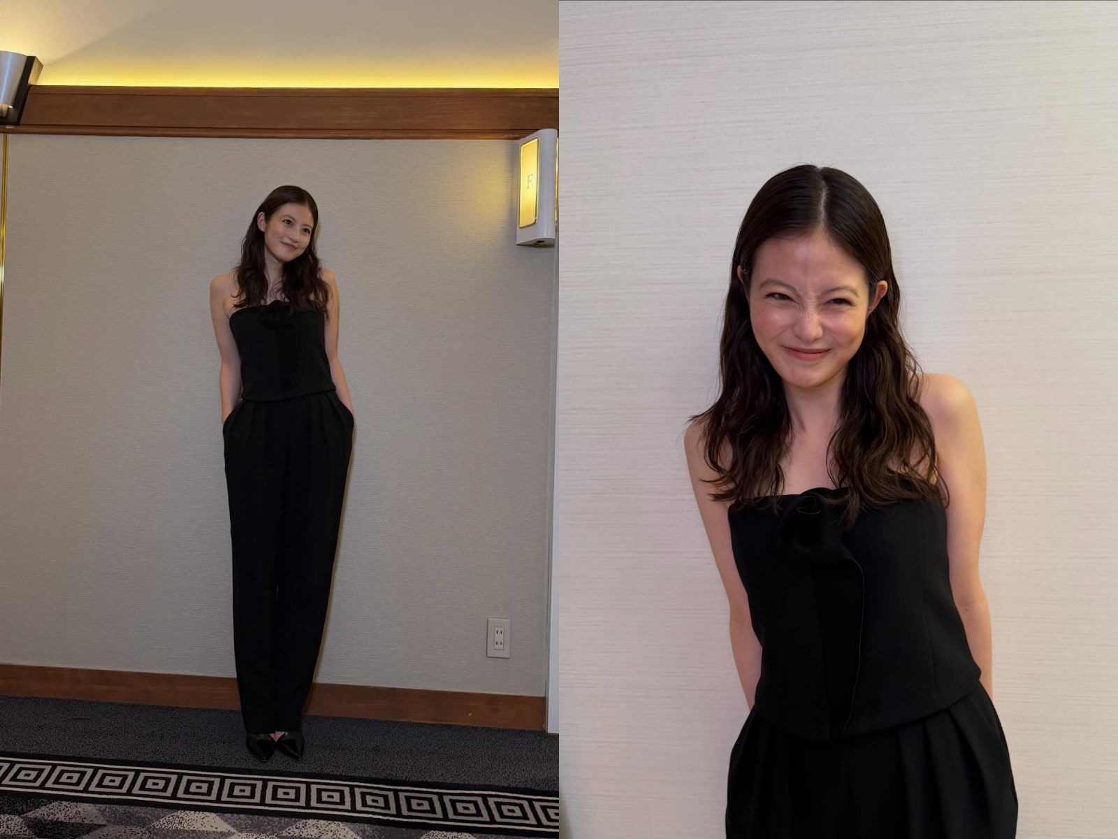 今田美櫻穿搭:全黑平口套裝