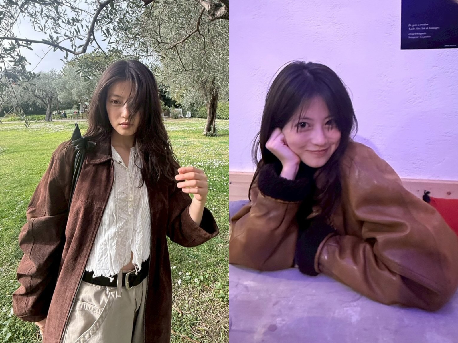 今田美櫻穿搭:復古棕色皮外套+白襯衫