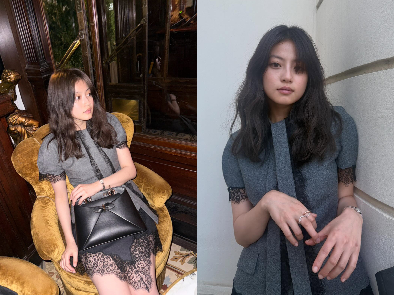 今田美櫻穿搭:灰色蕾絲洋裝+黑色精品包